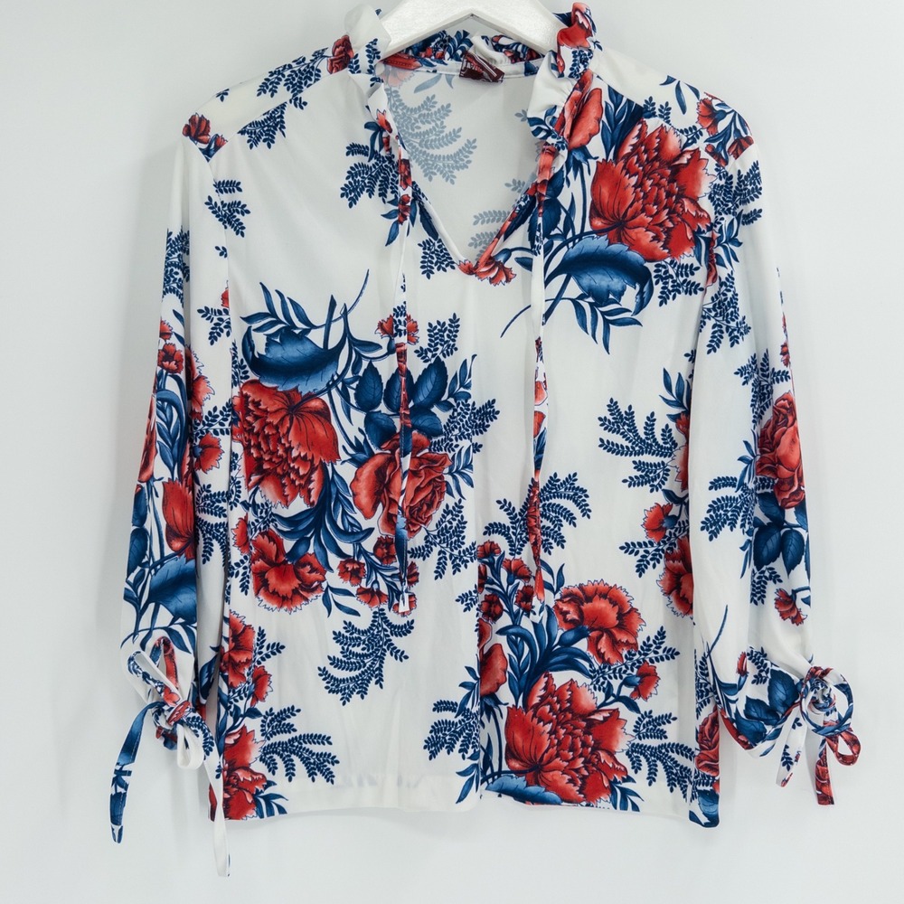Vintage 70s Blouse Womens M White Floral Disco Mod Retro Peony Granny Maximalist